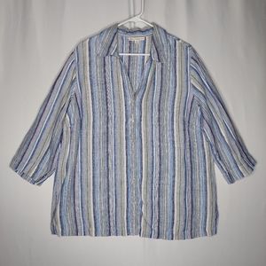 HM Collection Linen Button Top Women 16W‎ Blue Metallic Stripe Collar 3/4 Sleeve
